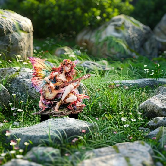 Yousheng Guitarist Fairy Garden Stake, 2D Acrylic Fairy Tale Yard Art Stake, Waterproof Flower Fairy Playing The Guitar Outdoor Decoration for Lawn