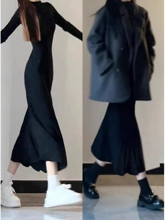 

Черное женское платье в стиле Хепберн с принтом Рыба-лотос и вязаной накидкой - Осенне-зимний образ Императорская сестра . Medium