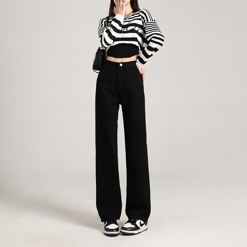 

White Narrow Version Straight-leg Summer High Waist Drape Denim Black (pants) XL