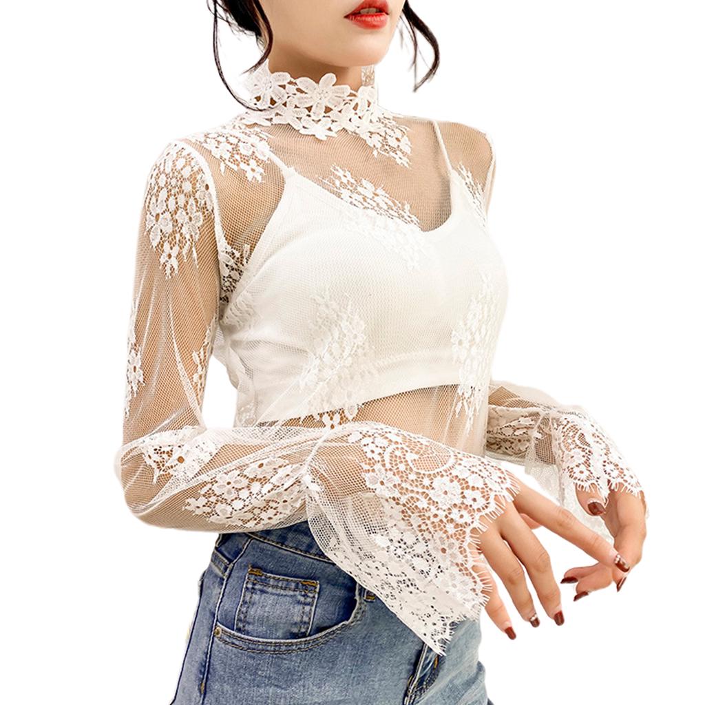 Women Mock Neck Long Sleeve Sheer Mesh 