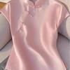 Pink Improved Cheongsam Button Top Irregular Design Shirt Summer New Half Sleeve