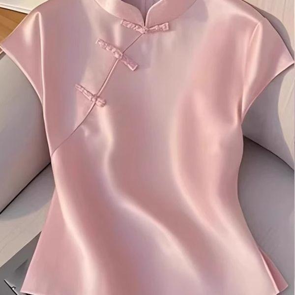 Pink Improved Cheongsam Button Top Irregular Design Shirt Summer New Half Sleeve