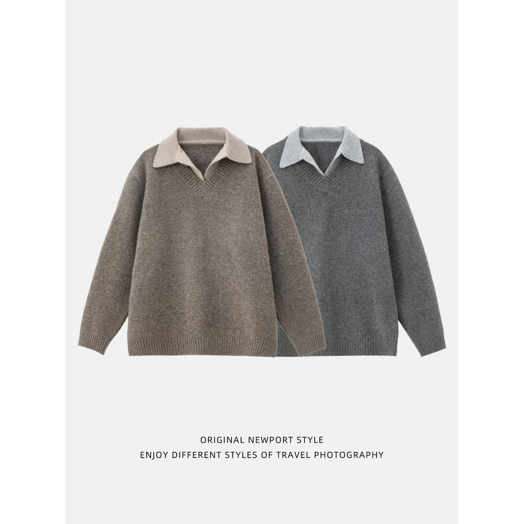 Textura ve stylu Old Money Falešný dvoudílný svetr s V výstřihem Pánský podzimní a zimní Retro svetr s límečkem Polo Teplá bunda