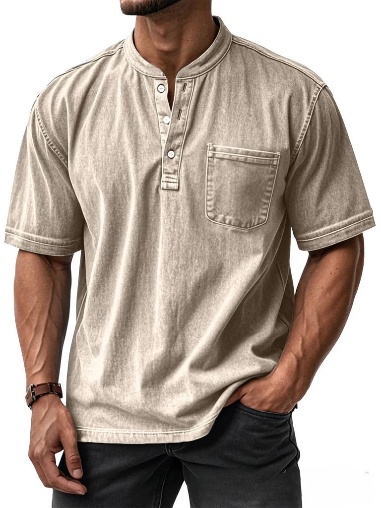 Men's Light Blue Short Sleeve Henley Shirt with Chest Pocket