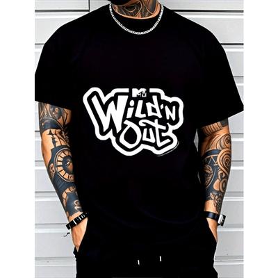 Europäische Größen Herren T-Shirt - Schwarz mit Weißem Geometrischem Print, Atmungsaktives Stretch-Gewebe, Reguläre Passform, Kurzarm, Freizeitkleidung, Modisches Design