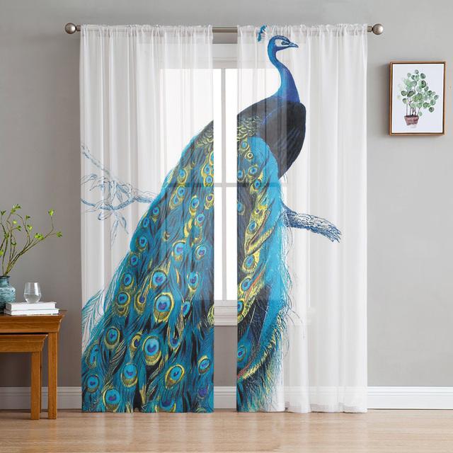 Peacock Feathers Green Curtain Window Tulle For Living Room Bedroom Kitchen Chiffon Sheer Window Treatment Decorations