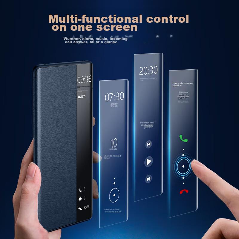 Phone Case for Huawei Mate40, Mate40E Genuine Leather Flip Smart View Window Cover, Easy Installation Full Protection Shockproof Back, Blue