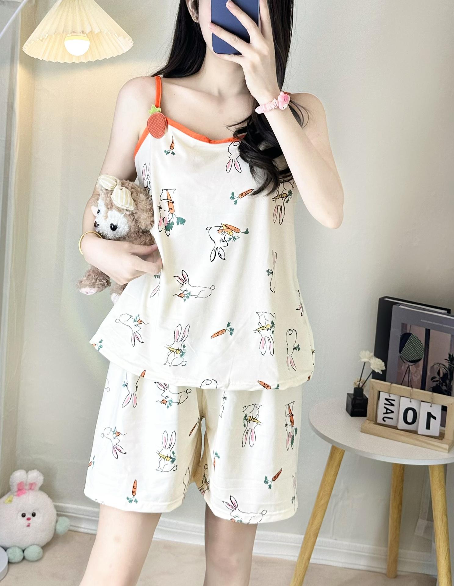 

Rabbit print pajamas women s summer cute suspender shorts sexy casual loungewear suit can be worn outside M