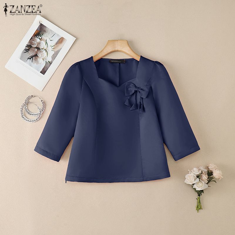 ZANZEA Women Casual Round Neck 3/4 Sleeve Loose Satin Blouse