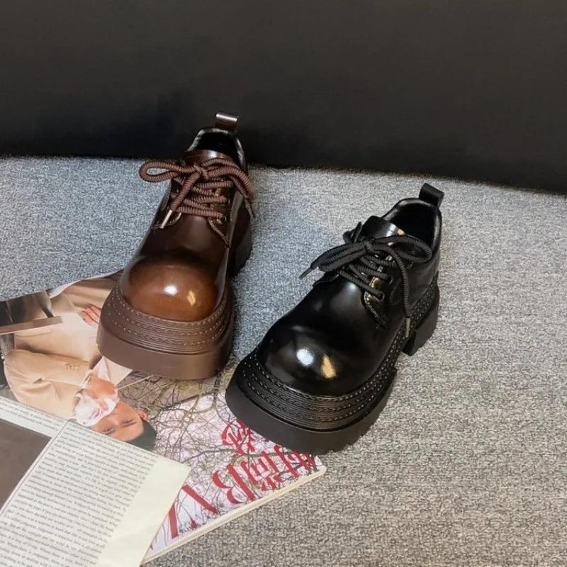 Fashion Women's Fashion Thick Heel Shoes Spring New Round Head Deep Mouth Front Lacing Thick Soles Non-slip Low-top Shoes