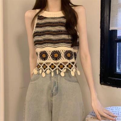 Stylish Vintage Sleeveless Knitted Tanks Folk Hook Flower Hollow Summer Slim Women's Clothing Contrasting Colors O-Neck Camis