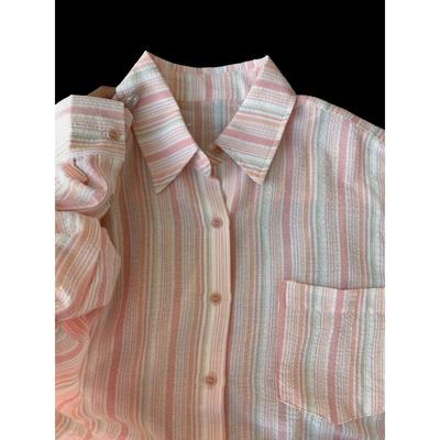 Pink Striped Shirt Female Early Fall Hong Kong Flavor Senior Sense of Super Good-looking Long-sleeved Blouse Tide Comfortable Fashion Women's Clothes