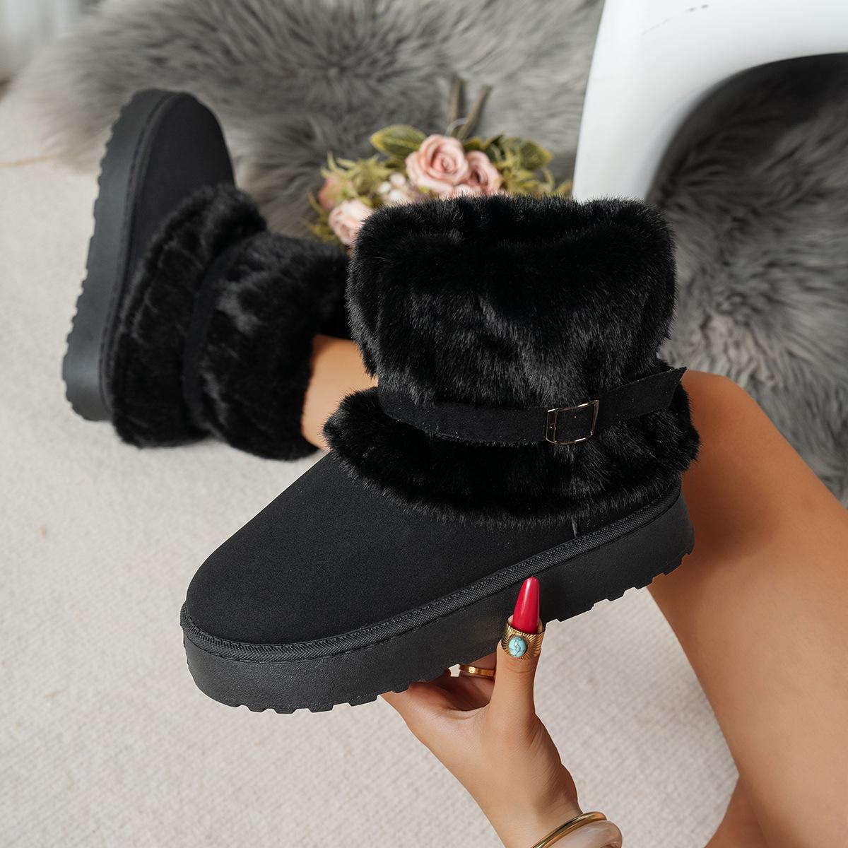 

2026 Winter Women Snow Boots Plush Warm Anti Slip Comfortable Ankle Boots Fluffy Round Toe Platform Buckle Woman Cotton Boots 36 чёрный