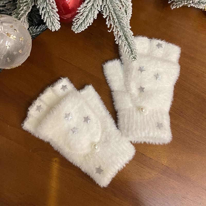 Half Finger Screentouch Gloves with Star Decors Soft Rex Rabbit Furs Short Gloves for Students Girl Winter Daily Wear
