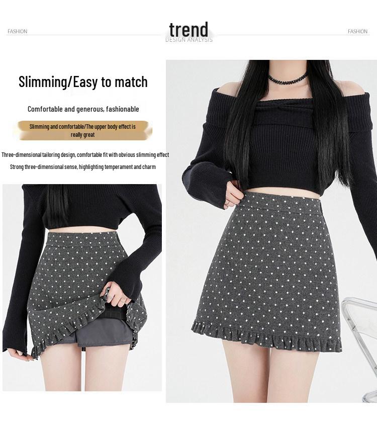 Women's Slim Fit Wool Polka Dot Ruffle Mini Skirt - High Waist, Casual Autumn/Winter A-line