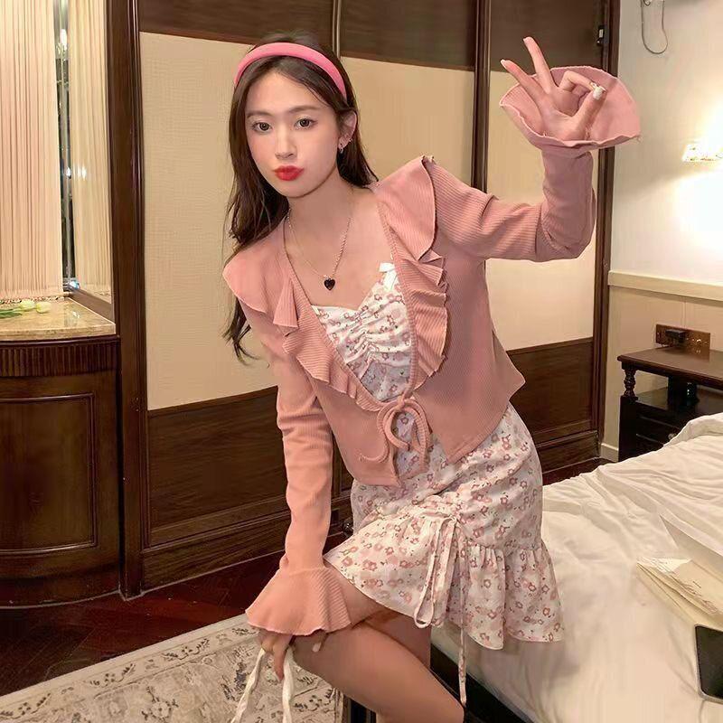New Arrival Autumn Women’s Floral Dress Set: Slip Dress, Knit Cardigan & Waist-Cinched Skirt