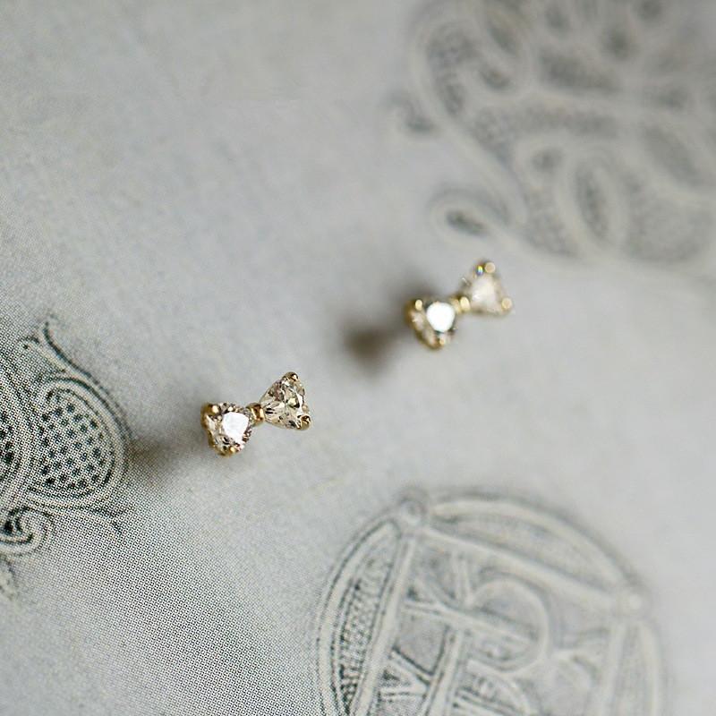 925 Sterling Silver Plating 14k Gold Inlaid Crystal Simple Bow Earrings Women Small Cute Student Girlfriends Jewelry Accessories