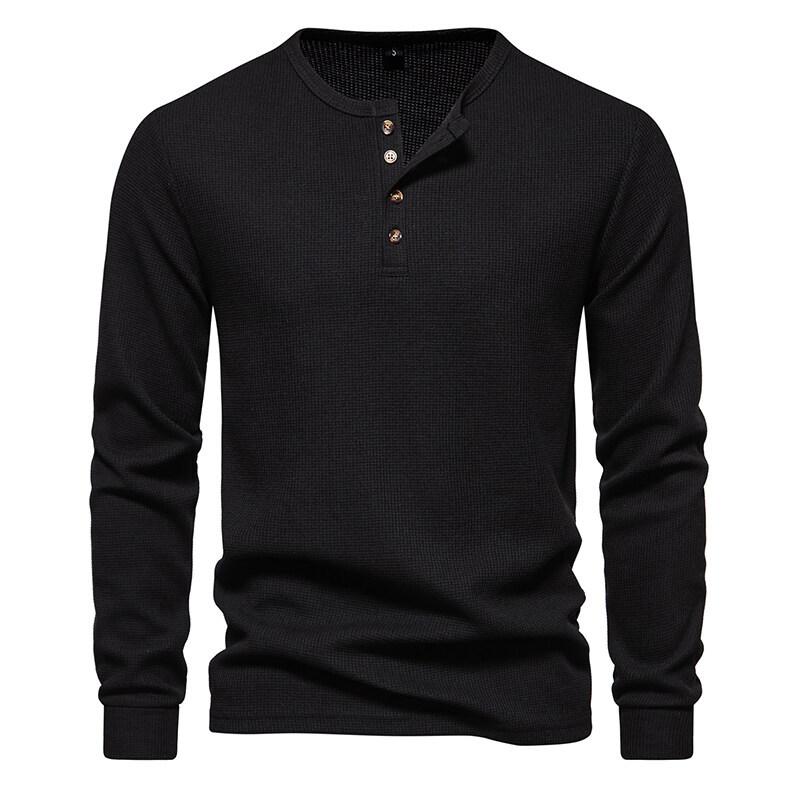 Men's Spring/Fall Waffle-Patterned Henley-Neck T-Shirt
