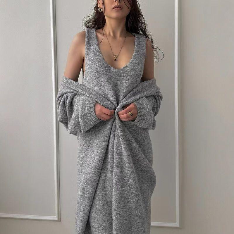 

Мода Новое поступление Мода Свободный вязаный Длинный свитер Жилет Юбка Комплект Вязаный Жилет Платье Комплект Grey M