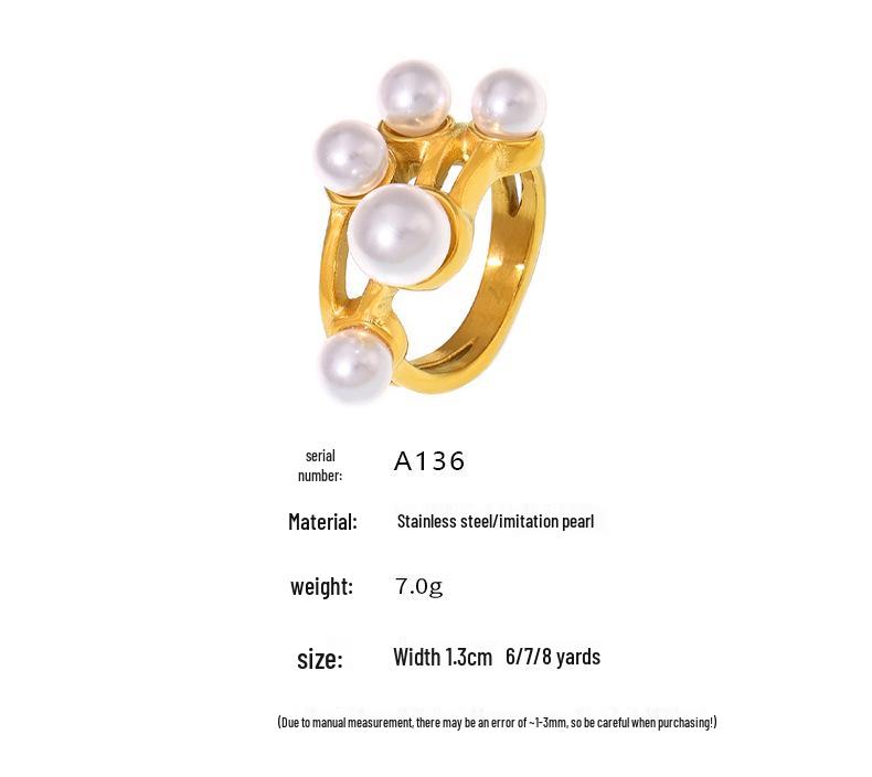 18k Gold-Plated Stainless Steel Hollow Ring with Faux Pearl Inlay