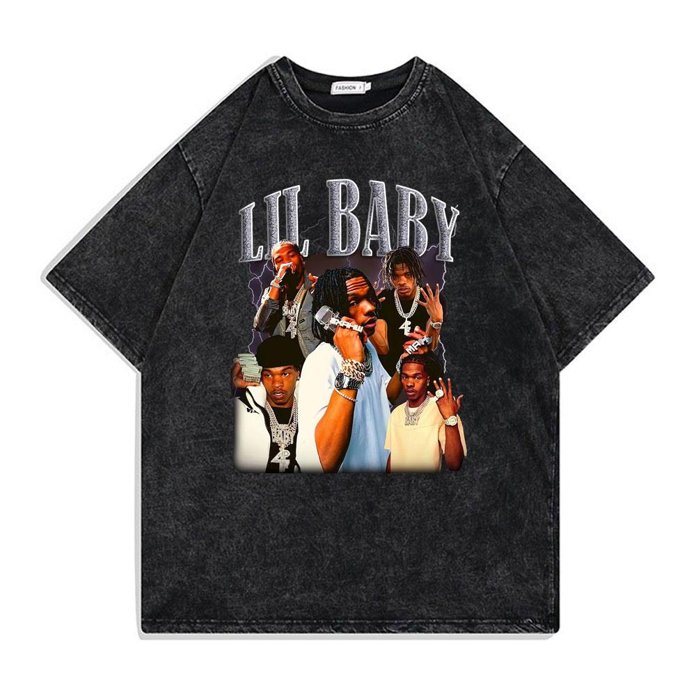 Hip Hop Rapper Wash Vintage Black Lil Baby T Shirt Unisexs Fashion Oversized Tee Short Sleeve Regular Male Tshirt Unisex Streetwear