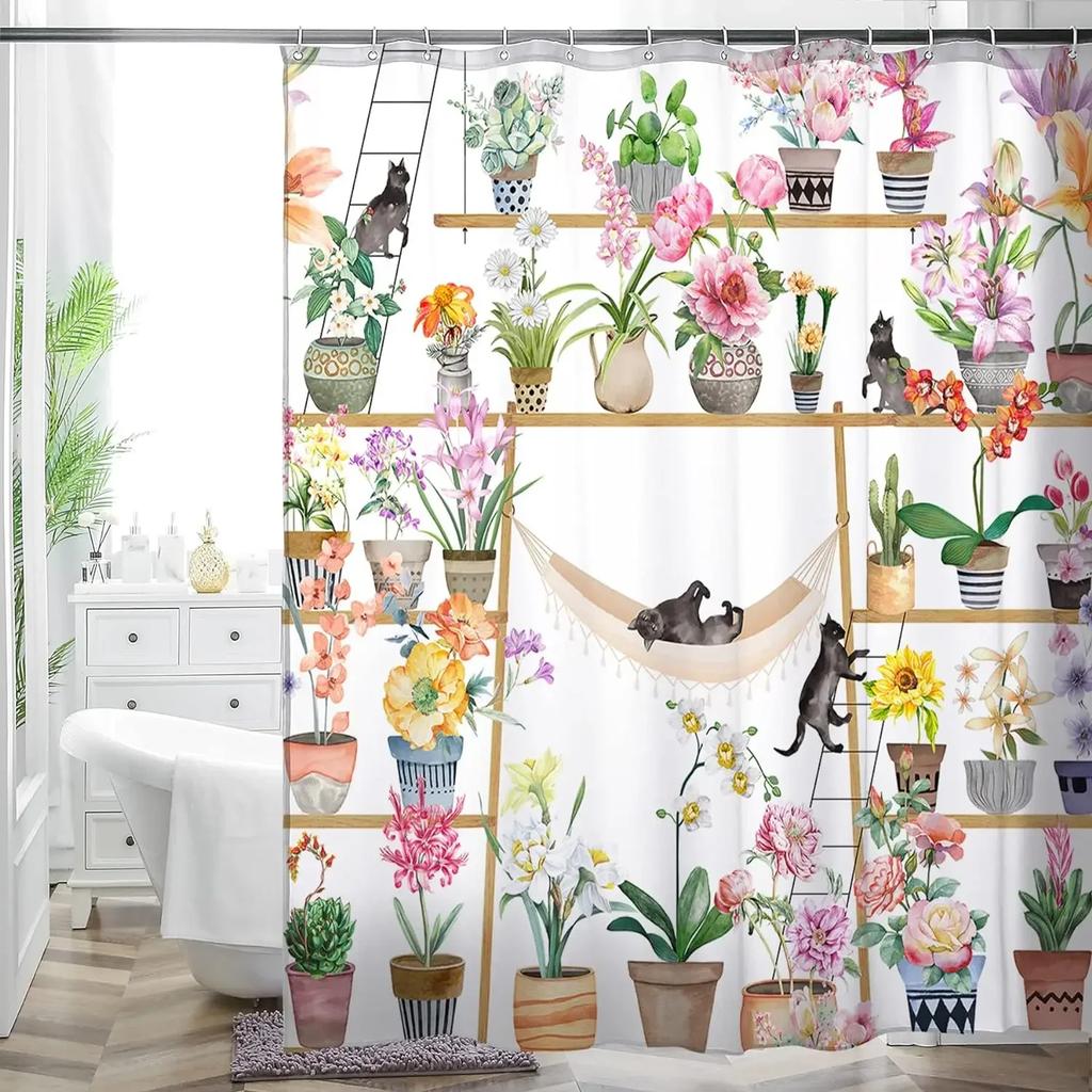 Green Plant Leaves Print Shower Curtains Watercolor Boho Floral Waterproof Morden Bathroom Bathtub Curtain Room Decor With Hooks