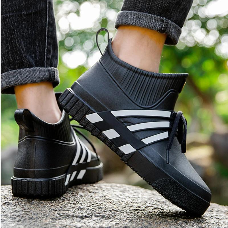 מגפי גשם עמידים למים לגברים נעליים שטוחות יומיומיות מגפונים מגומי נעלי עבודה בטיחות גלגלים מגפי גומי לדיג לבעל נעלי מטבח