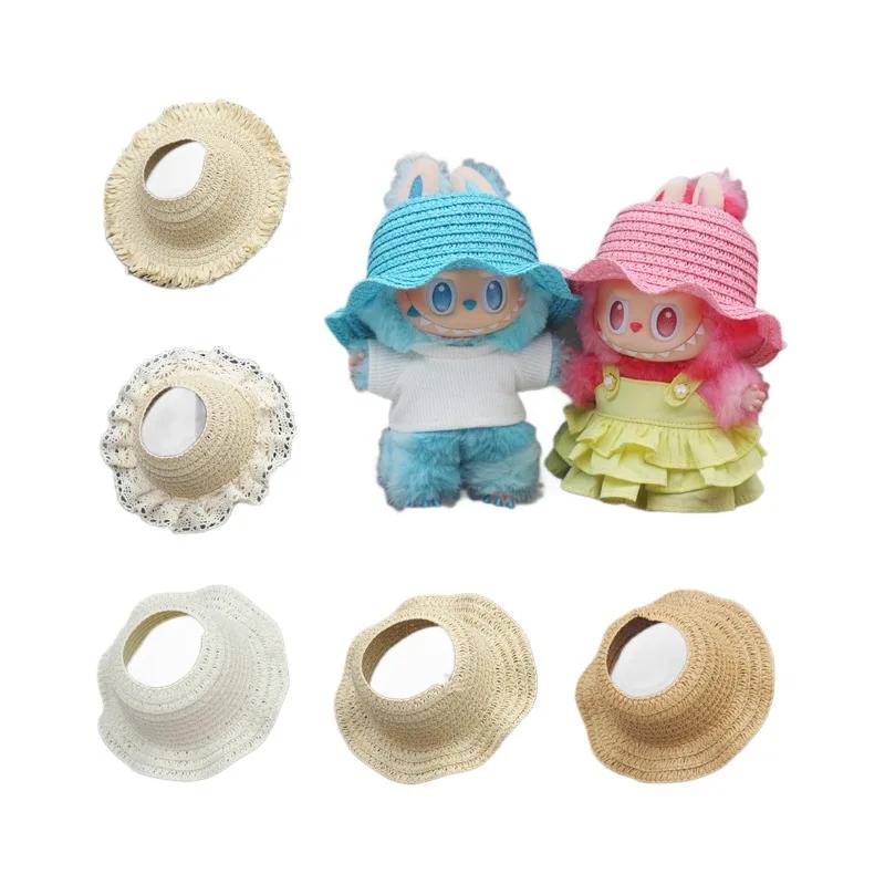 17CM Labubu Clothing Accessories Cute Empty Top Fringed Opening, Woven Straw Hat Lace Fringed Wavy Straw Hat