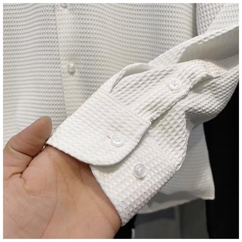 Men's Waffle Knit Long Sleeve Shirt Casual Button Down Streetwear Top