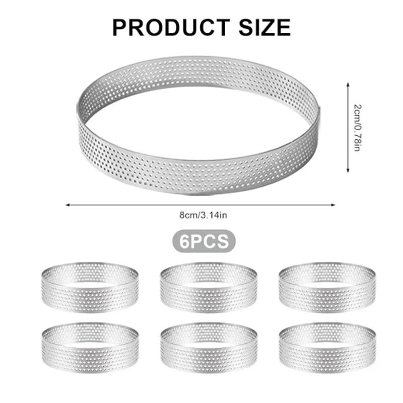 6PCS 8cm Silver Round Stainless Steel Tart Rings Mould French Dessert Mousse Cake Fruit Tarte Mold for Family Party Baking Tools