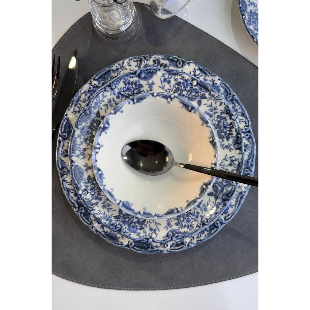 Set de cină din porțelan premium, albastru antic, 24 de piese, pentru 6 persoane, cu flori albastre