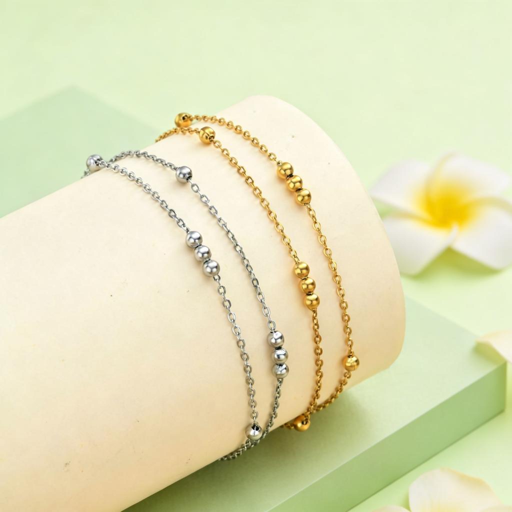 Stainless Steel Double Layer Beads Chain Bracelet for Women Girls Adjustable Round Bead Chain Bracelets Minimalist Jewelry Gift