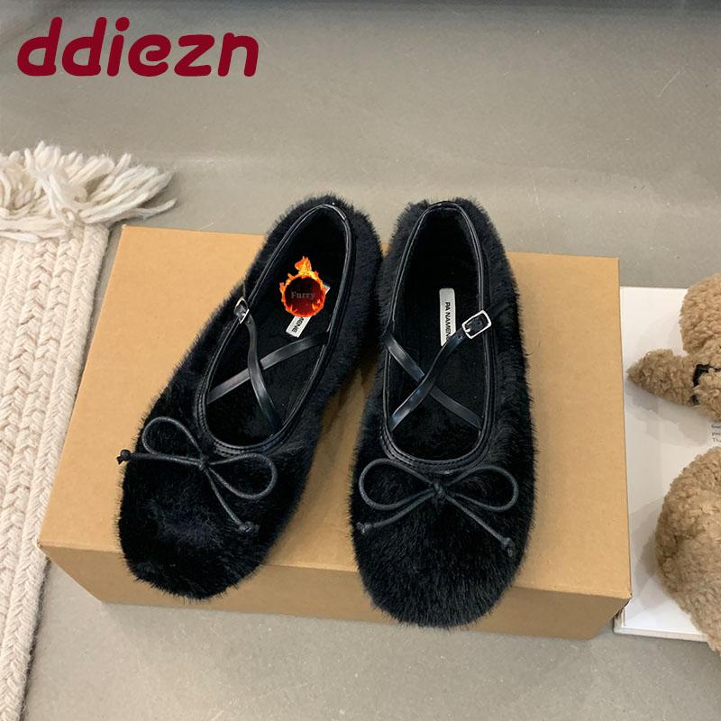 Mode Damen Schnallenriemen Damen Ballerinas Warme Schuhe Mode Flache Schuhe Schmetterlingsknoten Mary Janes Damen Ballerinas mit Fellschuhen