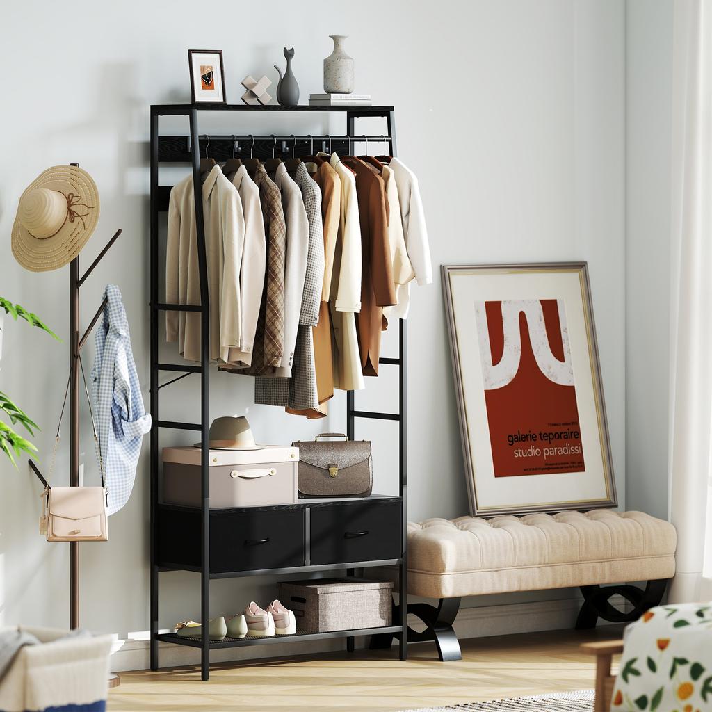 Industrial Coat Rack with Shoe Shelf, 2 Fabric Drawers and 8 Hooks, Metal Frame, Black