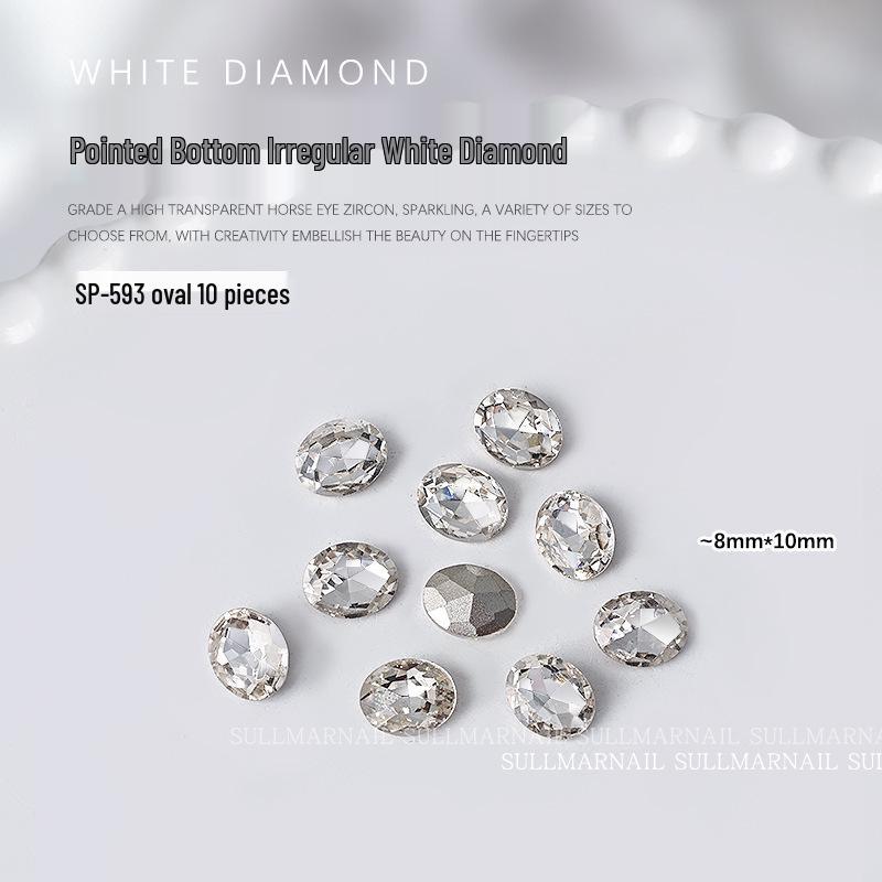 Nail Art Rhinestones Set: Heart, Crooked Heart, White Diamond, Peach Heart, Square, and Transparent Shapes (10 Pieces)