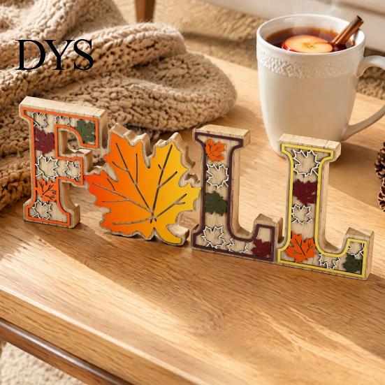 Solid Wood Harvest Theme Signs 4Pcs/Set Fall Wooden Tabletop Signs, Autumn Maple Leaf Letter Decorations for Rustic Thanksgiving Table Decor