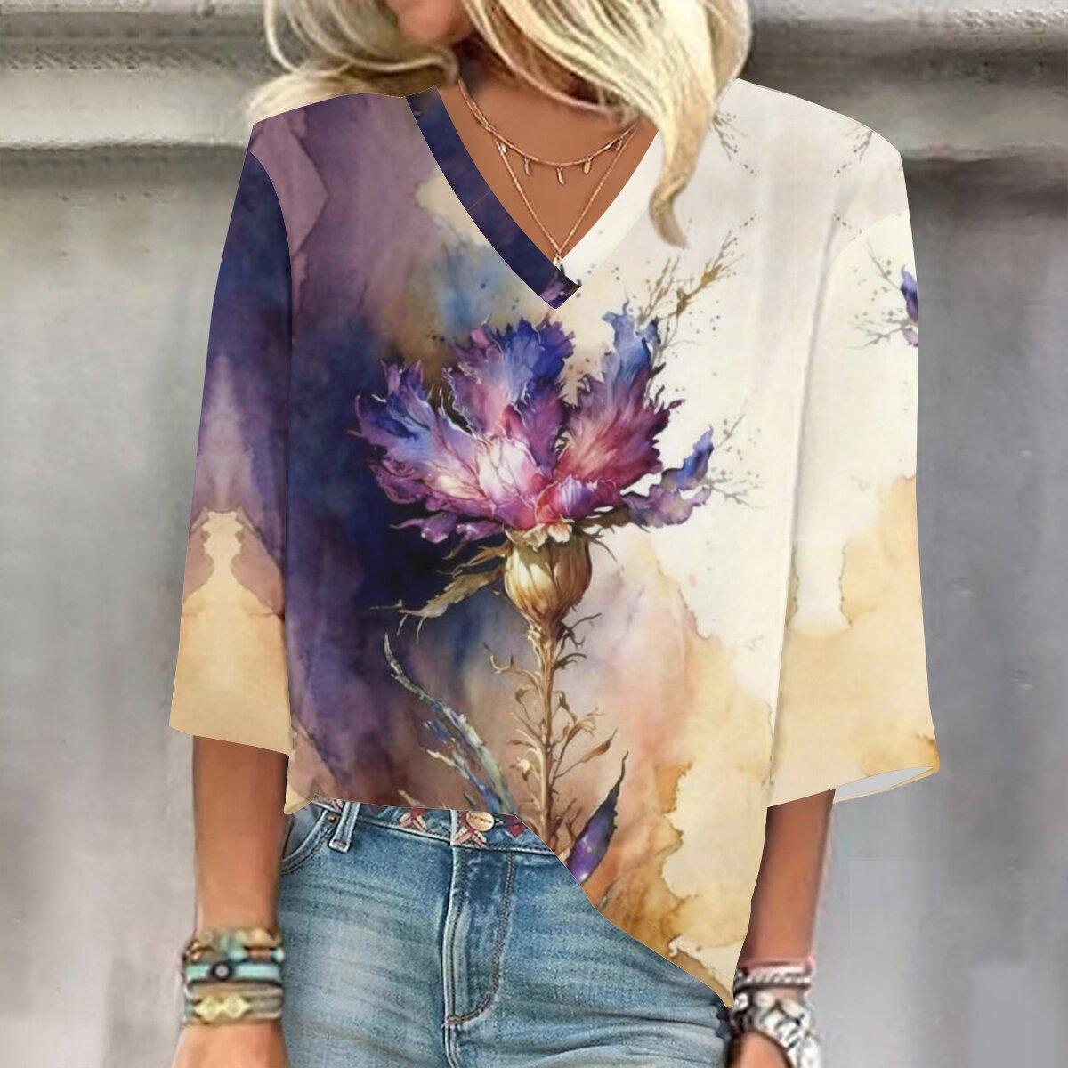 

2023 Весенне-осенний новый модный топ с рукавом 3/4 и принтом