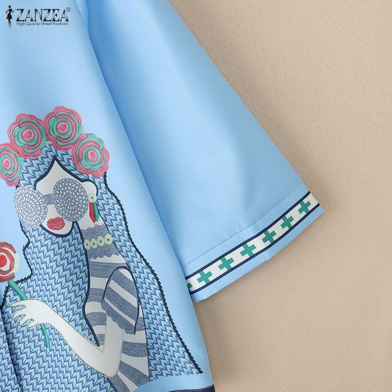 ZANZEA Women Stand Collar Loose Summer Casual Half Sleeve Print Blouse