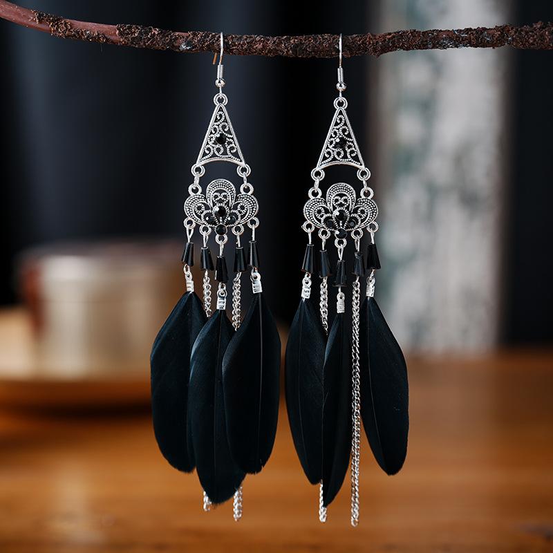 Bohemian Ethnic Long Feather Earrings For Women Retro Elegant Colorful Rhinestone Crystal Drop Earring Female Jewelry Pendientes