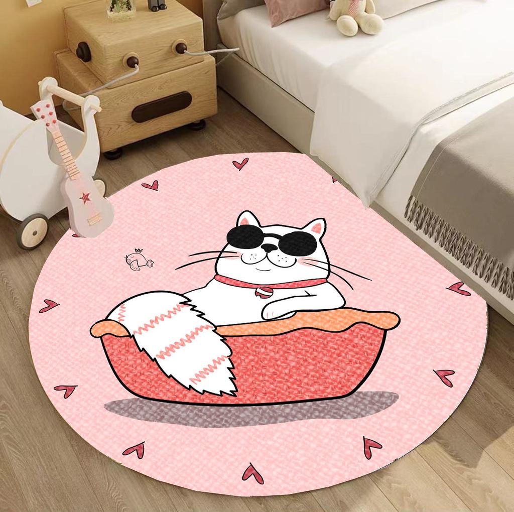 Cartoon Animal Round Carpet Pink Cute Cat Pattern Floor Mat Modern Home Decoration Non-Slip Rug for Living Room Bedroom Playroom