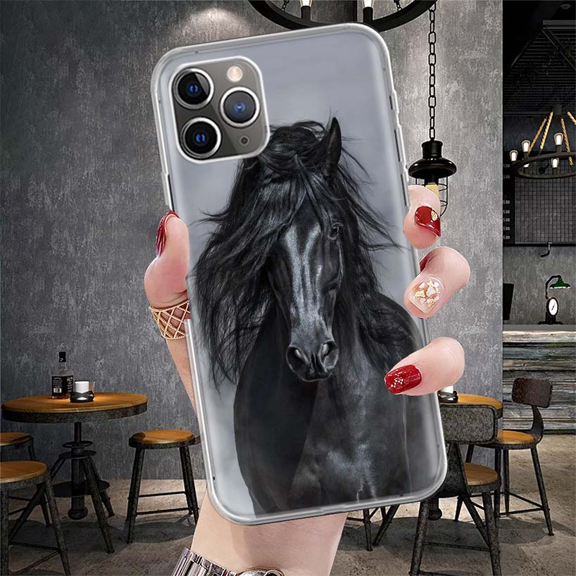 Étui de téléphone souple Cheval Noir Animal Pour IPhone 11 17 Air 16E 16 Pro Max 15 + 14 Plus 13 Mini 12 Apple 7 SE 8 Fundas Coque 11 17 A