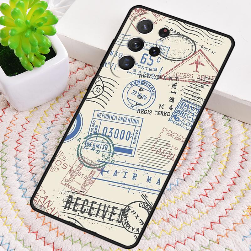 Retro Post Card Passport Stamps Phone Case For Samsung Galaxy note 10 pro S26 S25 S24 S23 S22 Ultra Plus S21 FE S20 Cover