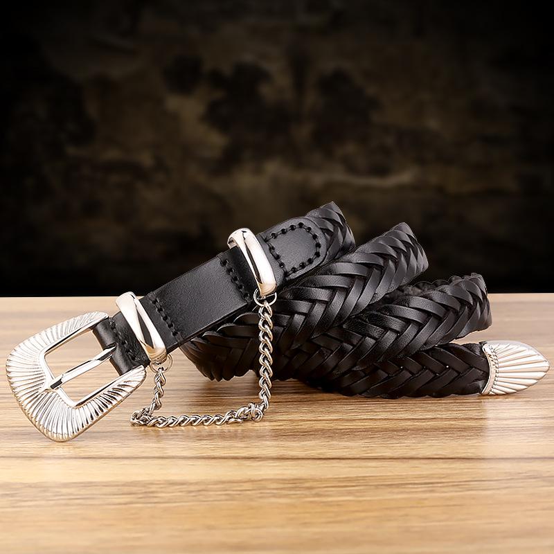Women's Genuine Leather Woven Belt - Handmade, Punch-Free, Pin Buckle, Decorative Cowhide, In Stock