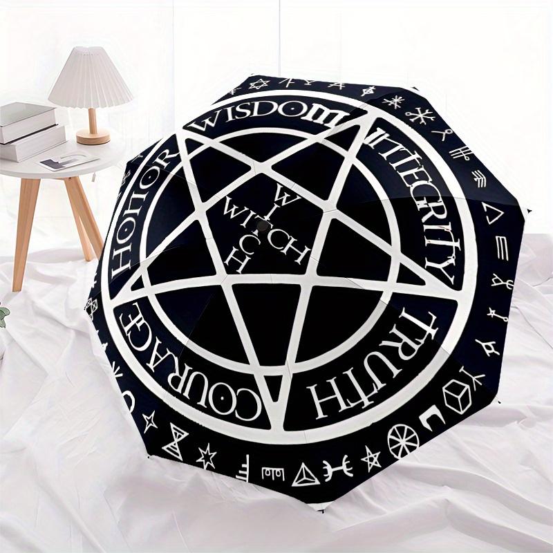 Compact 3-Fold Umbrella with Witchcraft Symbol Design - Portable, Durable Iron & Plastic, 8-Rib Automatic Open, Compact for Me