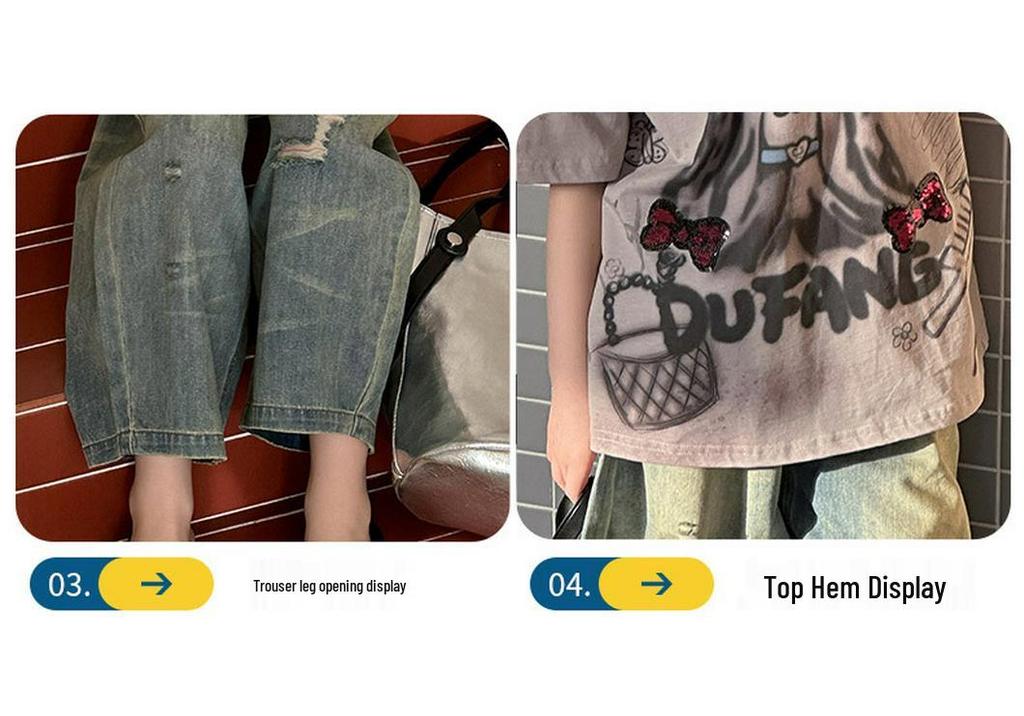 Coole Cartoon-Sommergarnitur für Kinder: Kurzarm-T-Shirt & Ripped Jeans Zweiteiler.