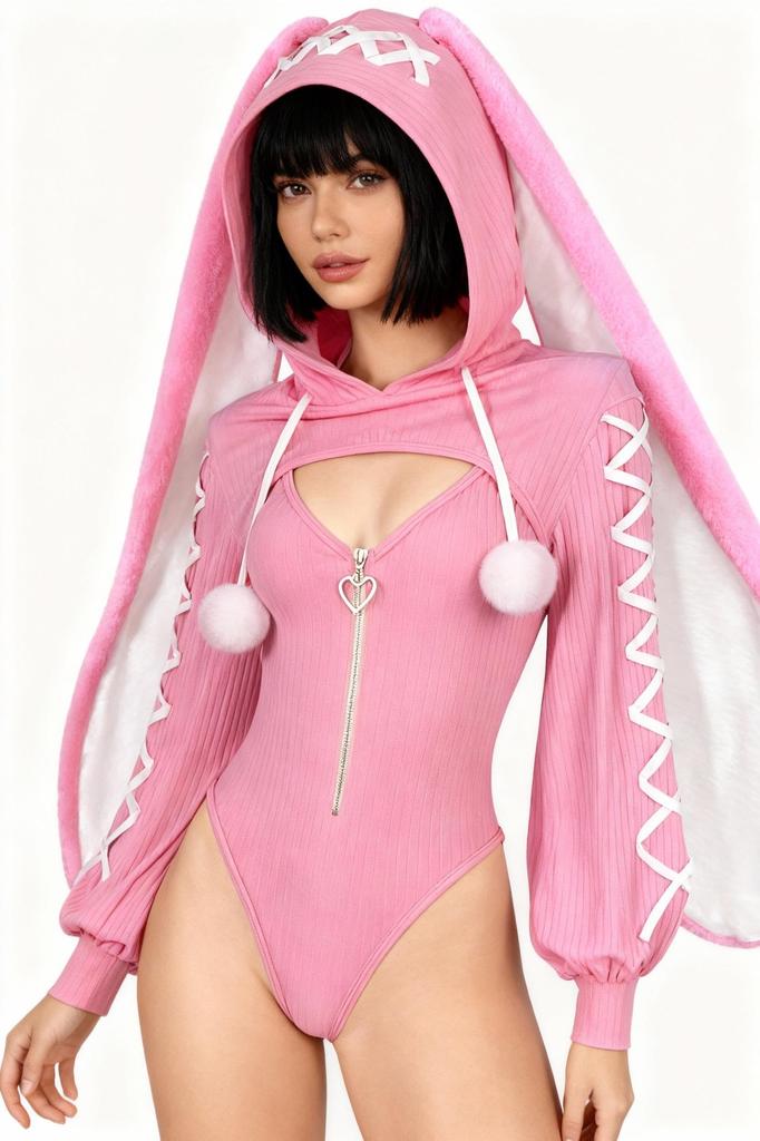 KORURACLUB Bunny Girl Cosplay, Gestreifter Bunny-Anzug, Niedlich und Moe, Damen-Cosplay-Kostüm mit Hasenohren, Uniform, Kostüm, Unterwäsche, Strümpfe, 4-Teilig