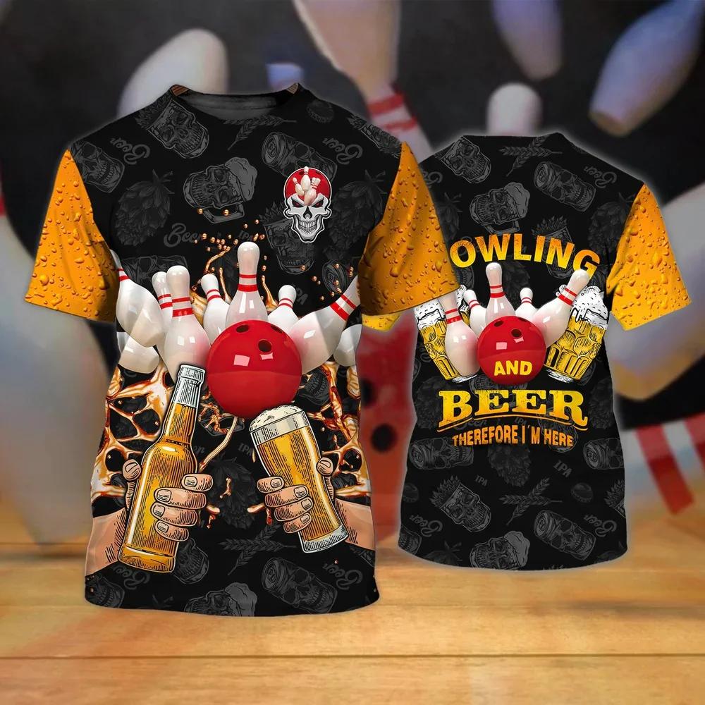 Fashionable Bowling Pictures For Men's T-Shirts Trend Digital Printing Casual Round Neck Short Sleeved Tops