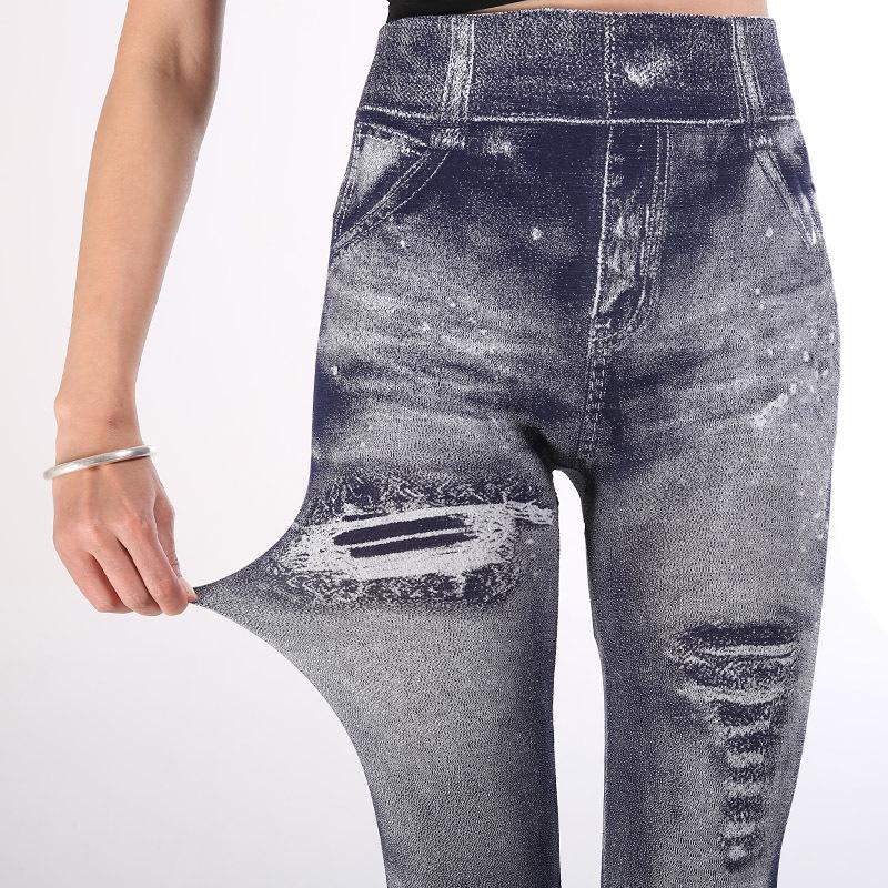 Women Slim Cropped Trousers Elasticity Casual Pants Imitation Denim High Waist Push Up Leggings