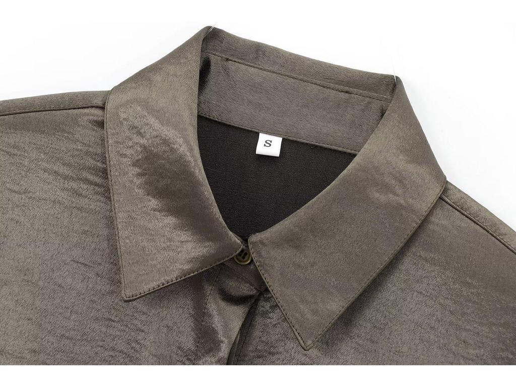 Satin Texture Long Sleeve Shirt with Pocket Decoration - 2024 European & American Fashion for Women