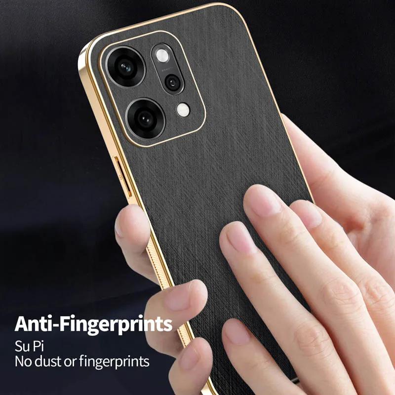Stripe Thread Texture Leather Back Plating Case For OPPO Reno14 Reno13 Pro F 5G Anti Fingerprint Slide Camera Protector Shell